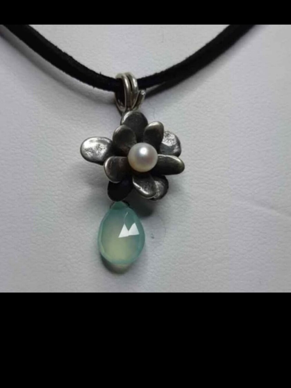Sterling Flower Pendant Necklace with Pearl and Aqua Teardrop